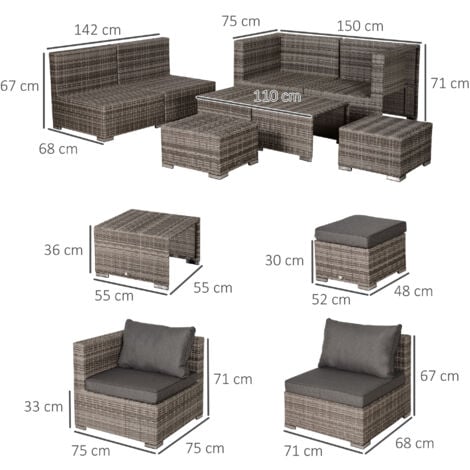 Outsunny 8pc Outdoor Patio Furniture Set Weather Wicker Rattan Sofa Chair Grey