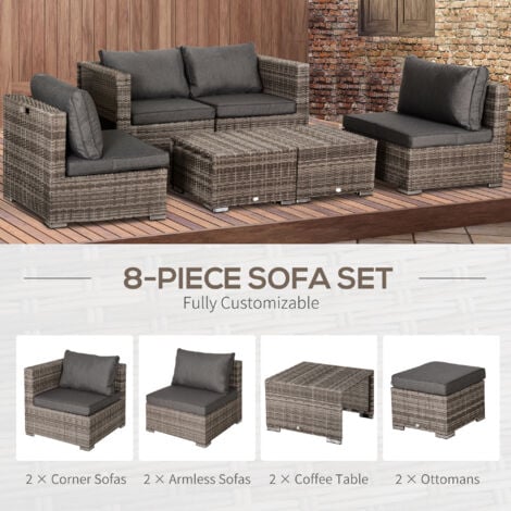 Outsunny 8pc Outdoor Patio Furniture Set Weather Wicker Rattan Sofa Chair Grey