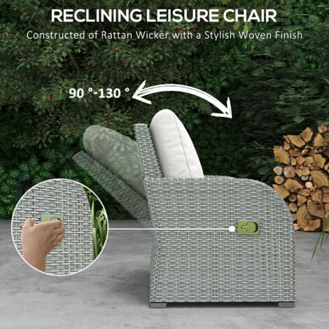 Outsunny 6pc Padded Outdoor Rattan Wicker 3-Seat Sofa Recliner