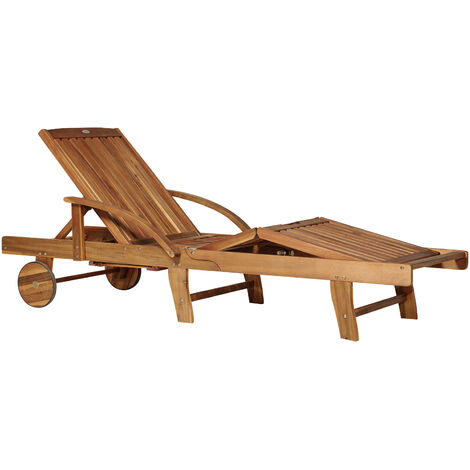 Outsunny Wood Sun Lounger Chaise Bed Back Footrest Patio Furniture w/ Wheels