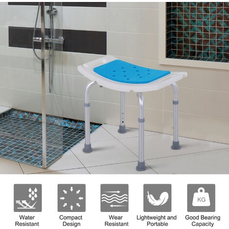 HOMCOM Adjust Aluminium Bath Stool Spa Chair Non-Slip w/ Shower Hole, Blue