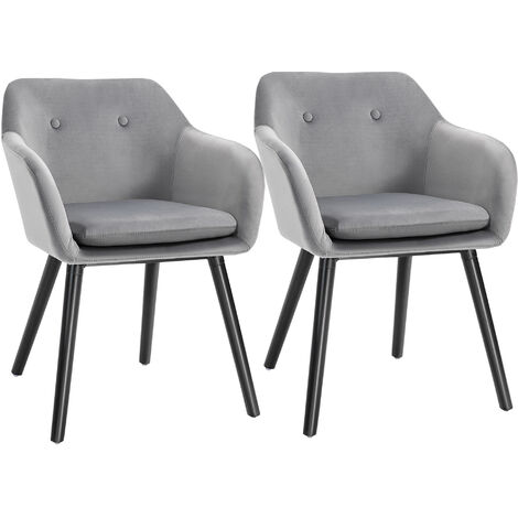 HOMCOM Set Of 2 Velvet Look Dining Chairs Retro Seating Wooden Legs Grey