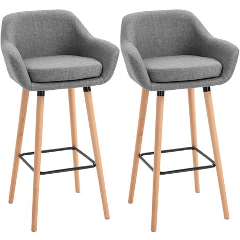 Homcom Set Of 2 Linen Bar Chairs Tub, Wooden Kitchen Bar Stools With Backs Uk