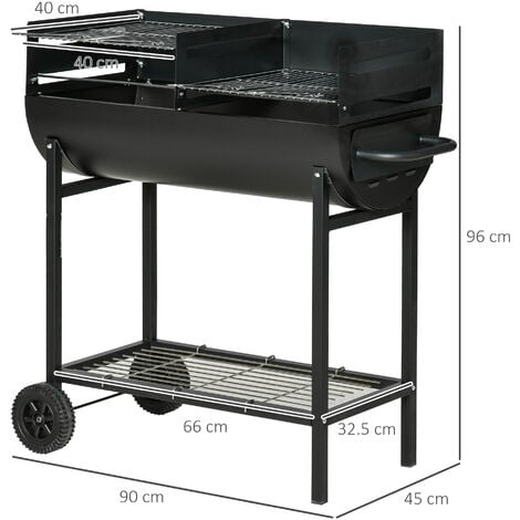 Outsunny Trolley Portable Outdoor Charcoal BBQ Grill Cart 2 Rolling Wheels  Black