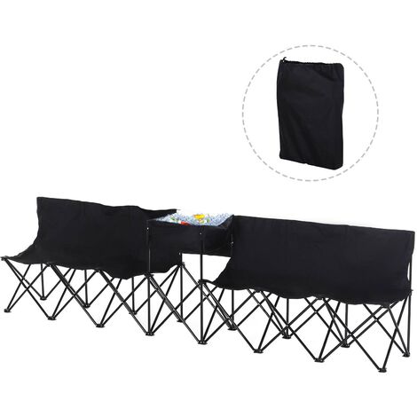 Outsunny 6-Seater Chair Bench w/ Cooler Bag Metal Frame Carry Case Camping Black
