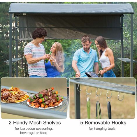 Outsunny 7ft Outdoor Double-tier BBQ Grill Canopy Gazebo w/ 2 Shelf, 5 Hooks