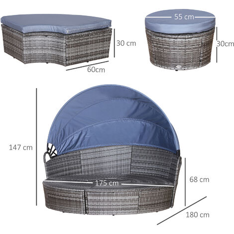 Outsunny 5 PCs Cushioned Outdoor Plastic Rattan Round Sofa Bed Table Set Grey
