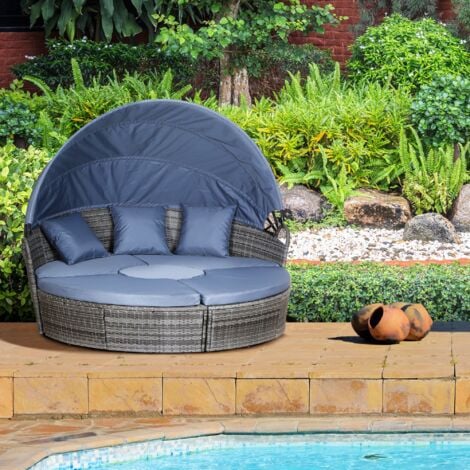 Outsunny 5 PCs Cushioned Outdoor Plastic Rattan Round Sofa Bed Table Set Grey