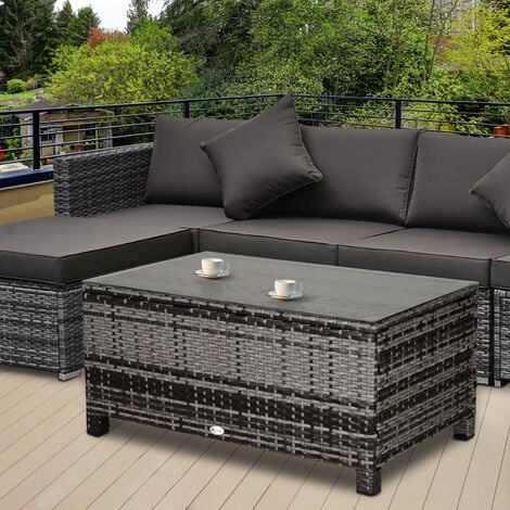 Outsunny Garden Rattan Side Table,Wicker Coffee Desk, Glass Top Grey