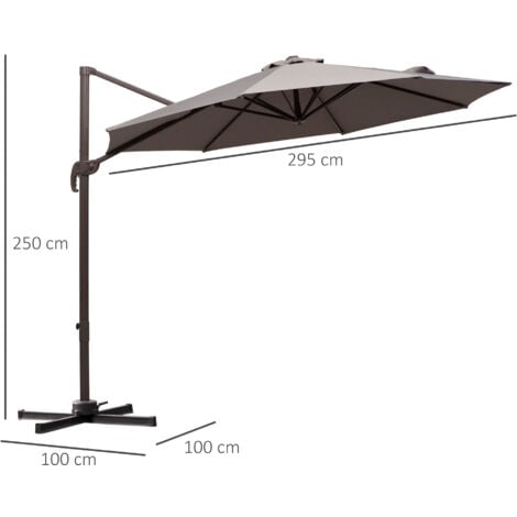Outsunny 3M Sun Shade Cantilever Hanging Parasol Aluminium Frame w/ Hand Crank Grey