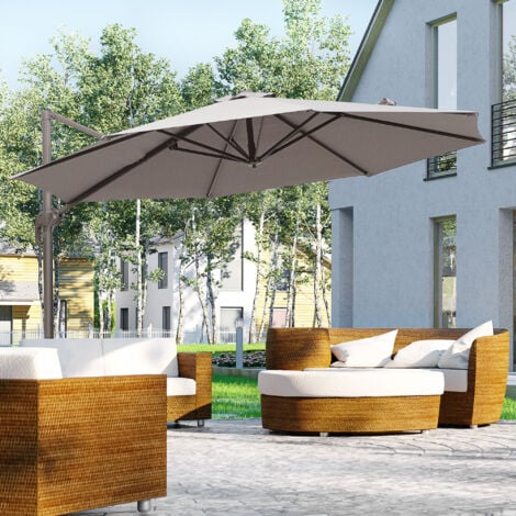 Outsunny 3M Sun Shade Cantilever Hanging Parasol Aluminium Frame w/ Hand Crank Grey
