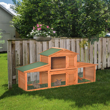 PawHut Deluxe Fir Wood Rabbit Hutch 2-Tier Metal Guinea Pig Small ...