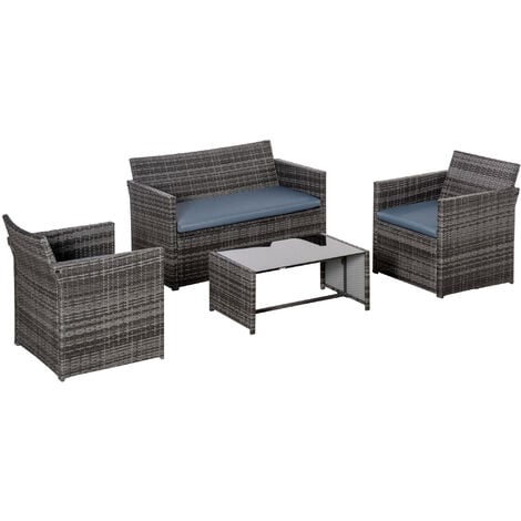 Outsunny 4pc Patio Garden Rattan Wicker Sofa 2-Seater Loveseat Chair Table Grey