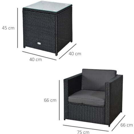 Outsunny 3Pcs Patio 2 Seater Rattan Sofa Garden Furniture Set w/ Cushions Black