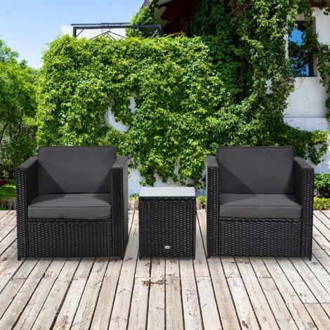 Outsunny 3Pcs Patio 2 Seater Rattan Sofa Garden Furniture Set w/ Cushions Black