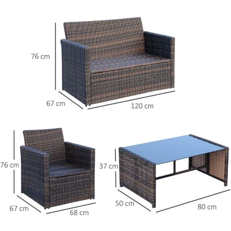 Outsunny 4pc Patio Garden Rattan Wicker Sofa 2-Seater Loveseat Chair Table Brown