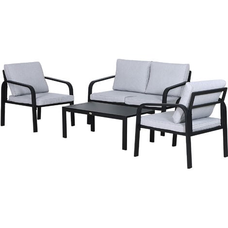 Outsunny 4 Pcs Aluminium Garden Dining Set w/ Chairs Sofa Glass Top Cushions Black