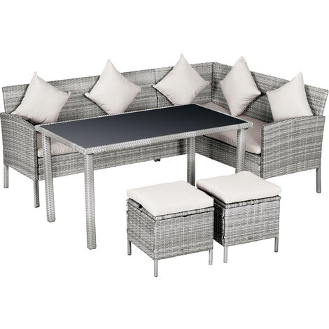 Outsunny Garden Outdoor 5 PCs Patio Rattan Corner Dining Set 6 Seater Wicker Sofa, Foot Stool, Dining Table with White Cushions - Mixed Grey
