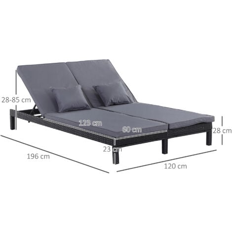 Outsunny 2 Person Rattan Lounger Adjustable Double Chaise Chair w/ Cushion Black