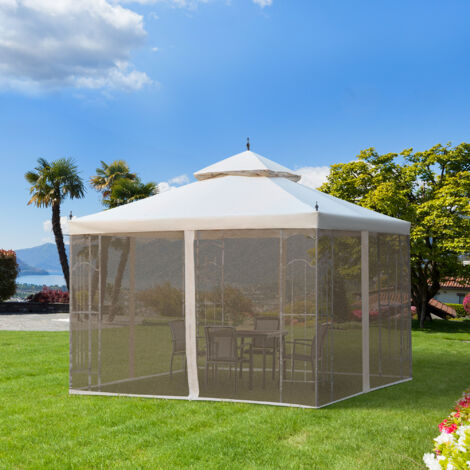 Outsunny 3 x 3(m) Garden Gazebo Double Top Gazebo Canopy w/ Curtains Cream