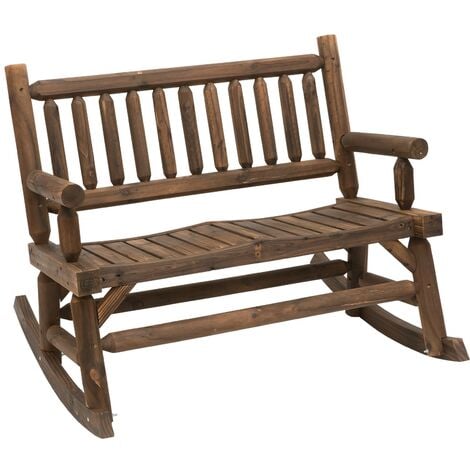 Outsunny 2-Seat Rocking Bench Wood Frame Rough-Cut Log Loveseat Dark Brown