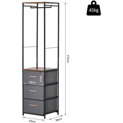 HOMCOM Storage Coat Rack Hallway Bedroom Organiser Shelves w/ Hanger, 3 Drawer