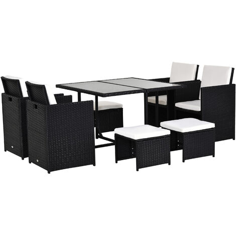 Outsunny 9PC Rattan Garden Furniture Outdoor Patio Dining Table Set Weave Wicker 8 Seater Stool Black