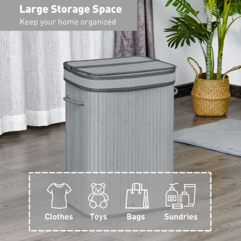HOMCOM Wooden Laundry Basket Compartment Flip Lid Removable Lining Handles 70L