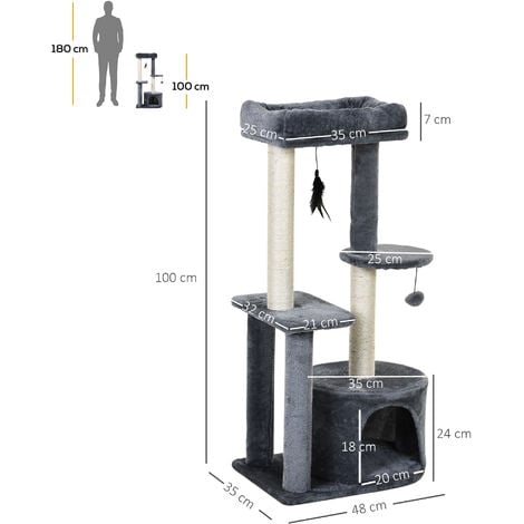 PawHut 100cm Cat Tower Condo with House Sisal Scratching Post Perches Grey