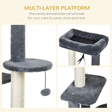 PawHut 100cm Cat Tower Condo with House Sisal Scratching Post Perches Grey