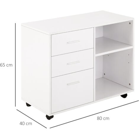 HOMCOM Freestanding Storage Cabinet w/ 3 Drawers 2 Shelves 4 Wheels White
