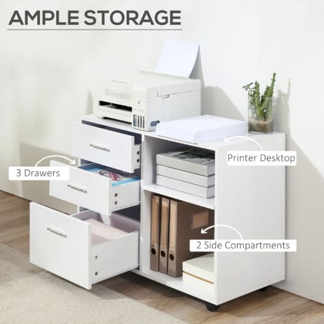 HOMCOM Freestanding Storage Cabinet w/ 3 Drawers 2 Shelves 4 Wheels White