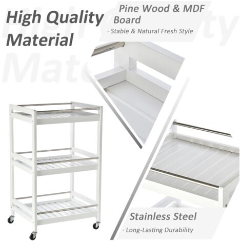 HOMCOM 3-Tier Home Trolley Kitchen Storage w/ Steel Bars 4 Wheels Rolling White