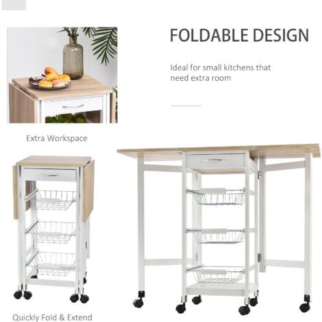 HOMCOM Drop-Leaf Kitchen Trolley w/ 3 Baskets Drawer Surface Top 6 Wheels White