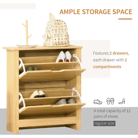 HOMCOM 12-Shoe Storage Cabinet 4 Shelves 2 Drawers Tabletop 4 Legs Modern Brown