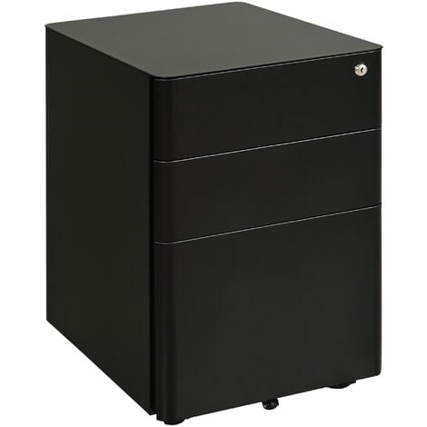 Vinsetto 3 Draw Metal Filing Cabinet Lockable 4 Wheels Compact Under Desk Black
