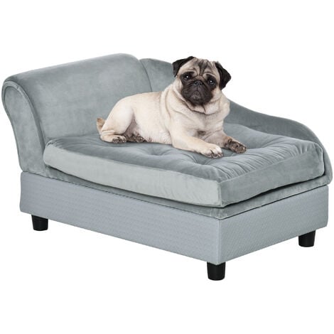 PawHut 76cm Pet Sofa w/ Storage Padding Cushion Wood Frame Dog Cat Grey