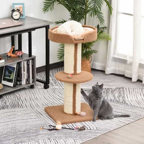 PawHut 2-Tier Cat Kitten Resting Tree w/ Top Basket Cushion Sisal Post Brown