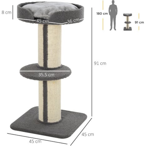 PawHut 2-Tier Cat Kitten Resting Tree w/ Top Basket Cushion Sisal Post Grey