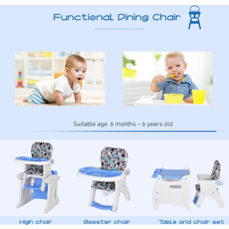 HOMCOM 3 in 1 Convertible Baby High Chair Toddler Table Chair Infant Feeding Seat Blue