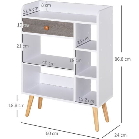 HOMCOM Multi-Shelf Bookcase Freestanding Storage Drawer Shelves Wood Legs White