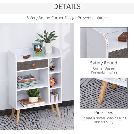 HOMCOM Multi-Shelf Bookcase Freestanding Storage Drawer Shelves Wood Legs White