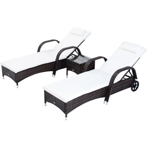 Outsunny Garden Rattan Furniture 3 PC Sun Lounger Recliner Bed Chair Set with Side Table Wicker (Brown)