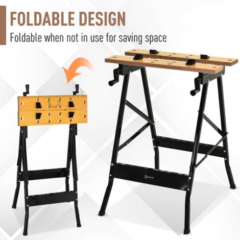 DURHAND 4-in-1 Work Bench Adjustable Saw Horse Clamp Table Foldable Natural, Black