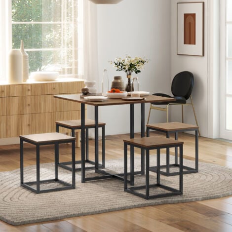 HOMCOM 5 PCS Industrial Boxy Table Stool Set Metal Frame Cool Dining Seating