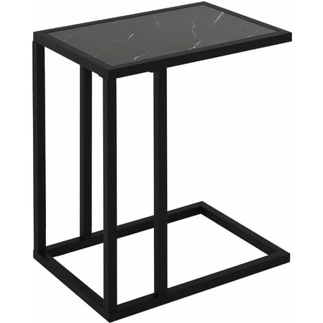 HOMCOM C-Shape Marble-Look Side Table w/ Metal Frame Home Furniture Black