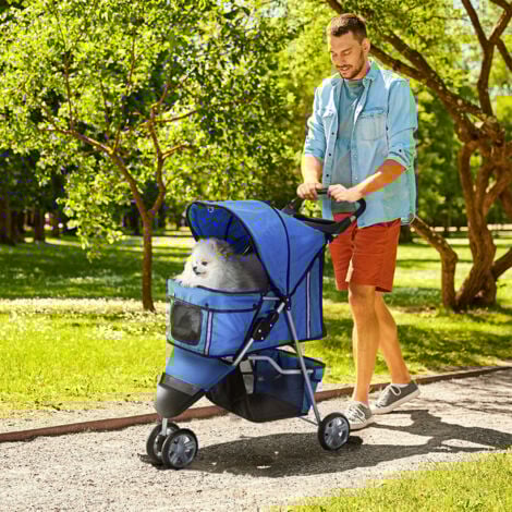 PawHut Pet Travel Stroller Cat Dog Pushchair Carrier Three Wheels for Small Dogs Blue