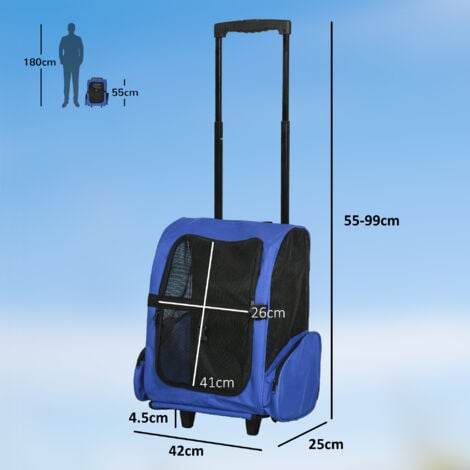 PawHut Pet Travel Backpack Bag Cat Puppy Dog Carrier w/ Trolley and Handle Blue