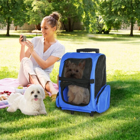 PawHut Pet Travel Backpack Bag Cat Puppy Dog Carrier w/ Trolley and Handle Blue