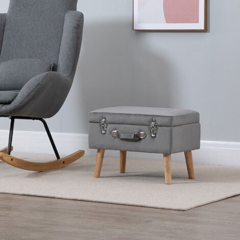 HOMCOM Velvet-Touch Suitcase Storage Stool Ottoman Suitcase 2 Latches Wood Legs